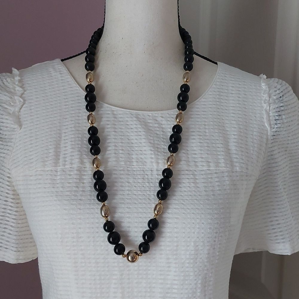 Vintage Sturdy Black Gold Bead Necklace Beads Strung on Metal Chain